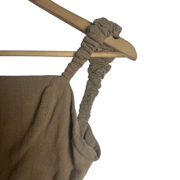 Just Bee Queen Aria Brown Linen Asymmetric Ruched Tie Back Midi Dress Size S - Picture 7 of 13